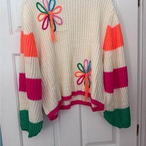 DAVI & DANI Colorful Striped Sweater with Floral Design